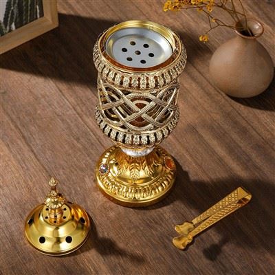Pembakar Oud Logam Emas Anyaman Rumit